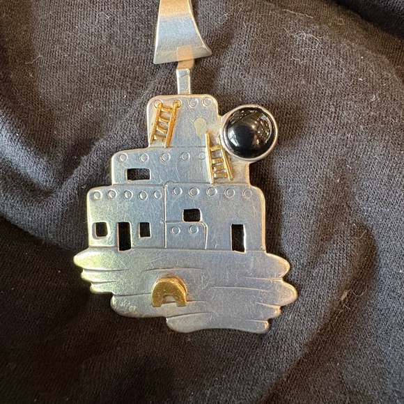 Large, solid Sterling Silver and Gold Adobe Pendant with Black Stone